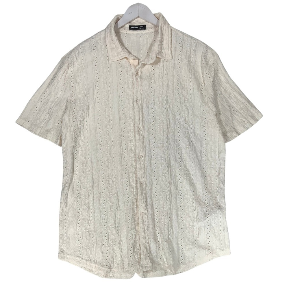 Manfinity Mens XL Cream Eyelet Textured Short Sleeve Button Up Shirt Off White